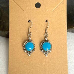 Mexican Sterling Silver 925 Southwest Style Round Turquoise Dangle Earrings